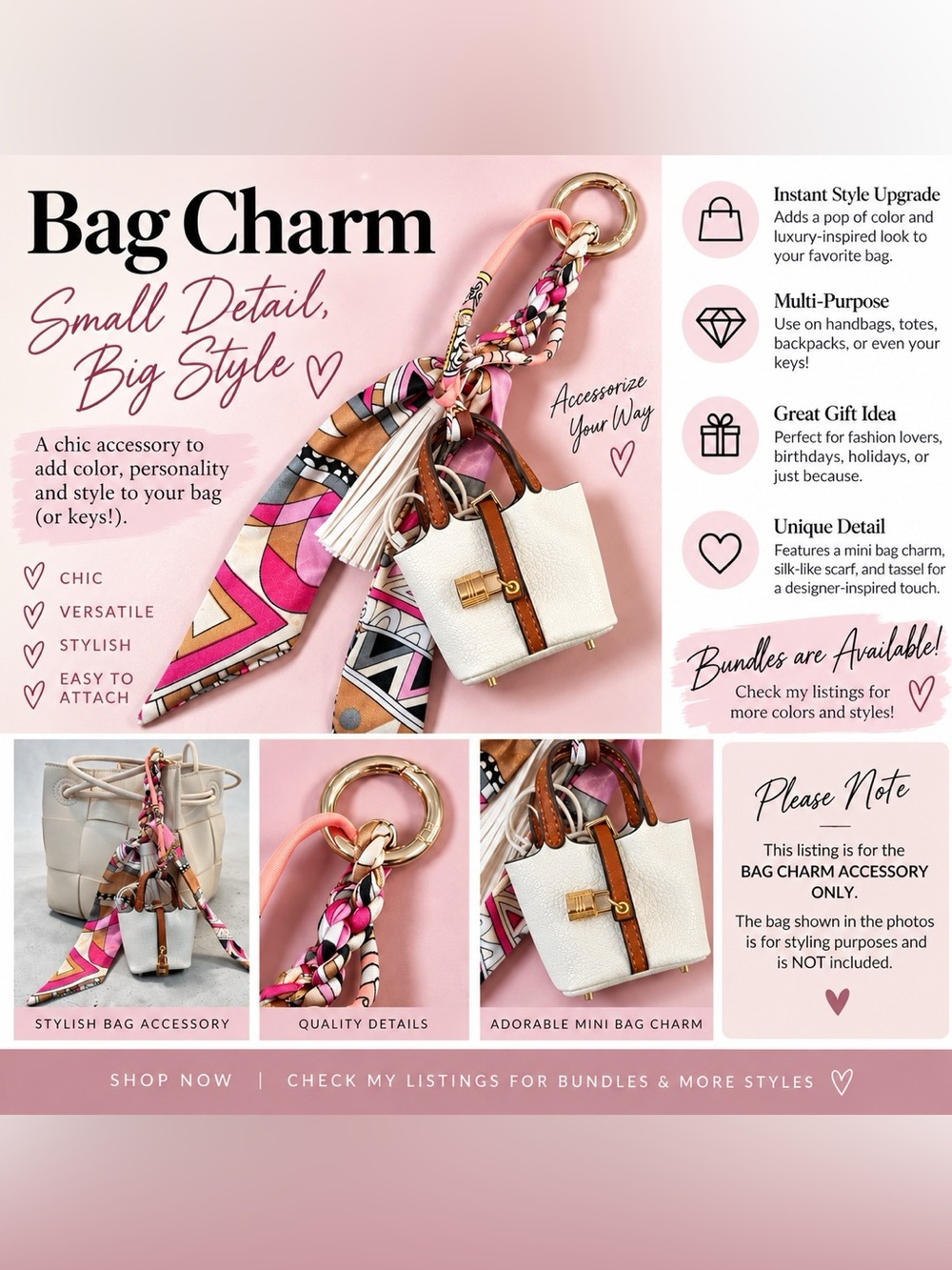 Mini Handbag Keychain Charm with Twilly Scarf & Tassel – Taupe - Picture 4 of 4